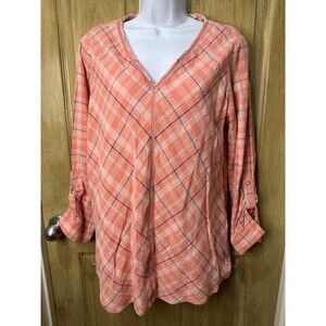 Soft Surroundings Pink 100% Cotton Plaid Tunic Shirt Top Size Petite Med PM